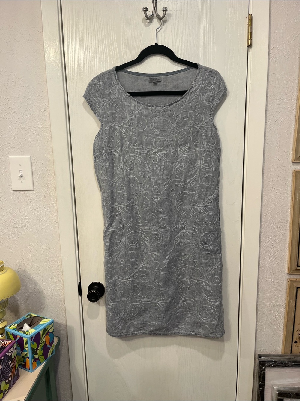 Lina Tomei Dress Made In Italy Gray-Blue Linen Embroidered Scroll Shift Large